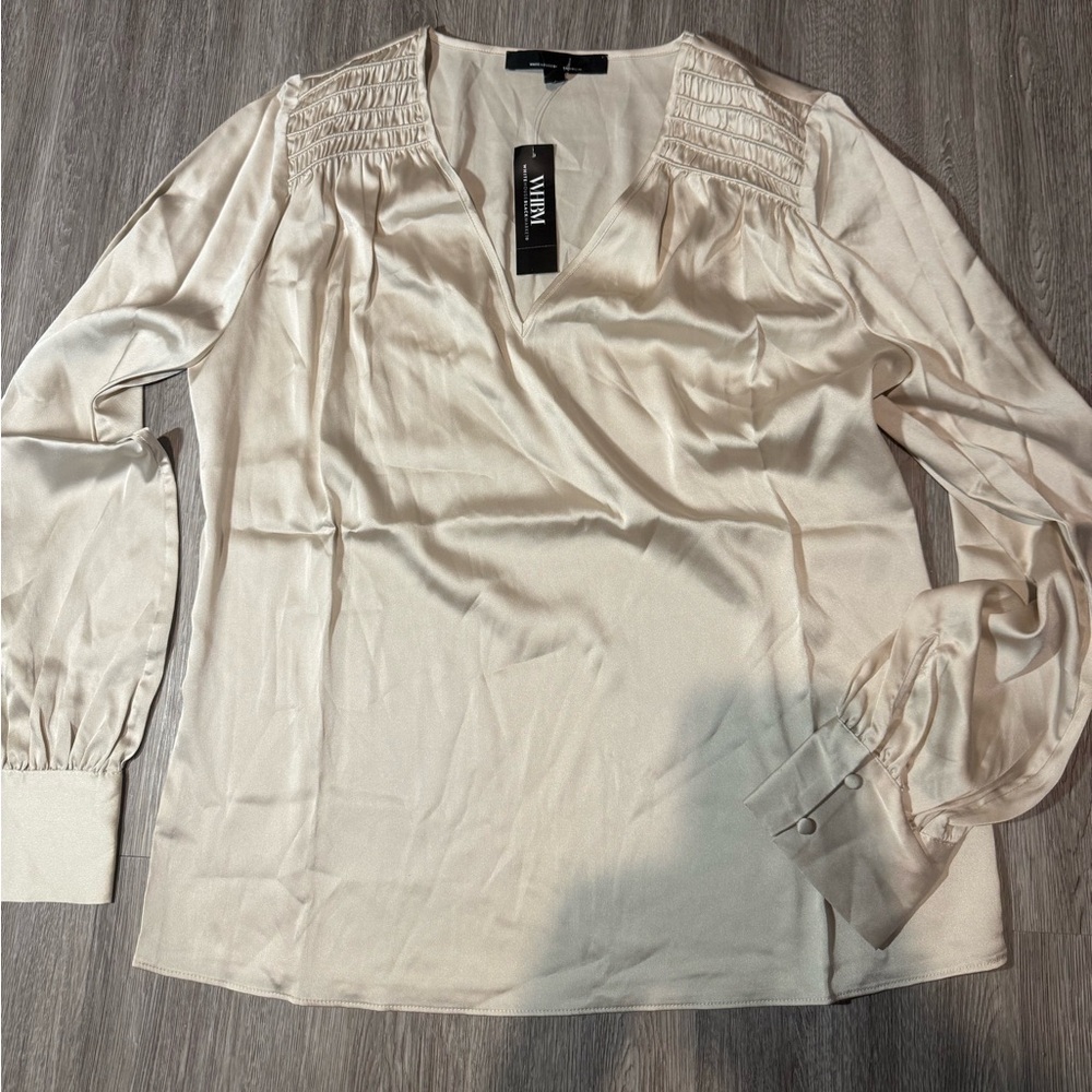 White House Black Market LS Smocked Shdr Blouse S